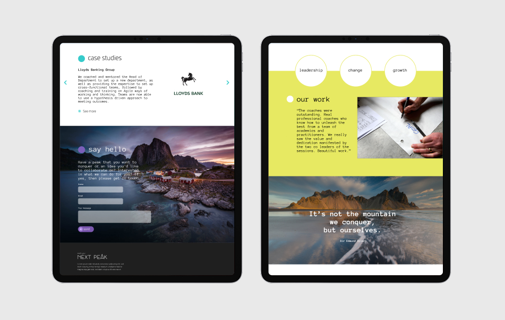 Additional pages of Next Peak's website design displayed in-situ on digital screens